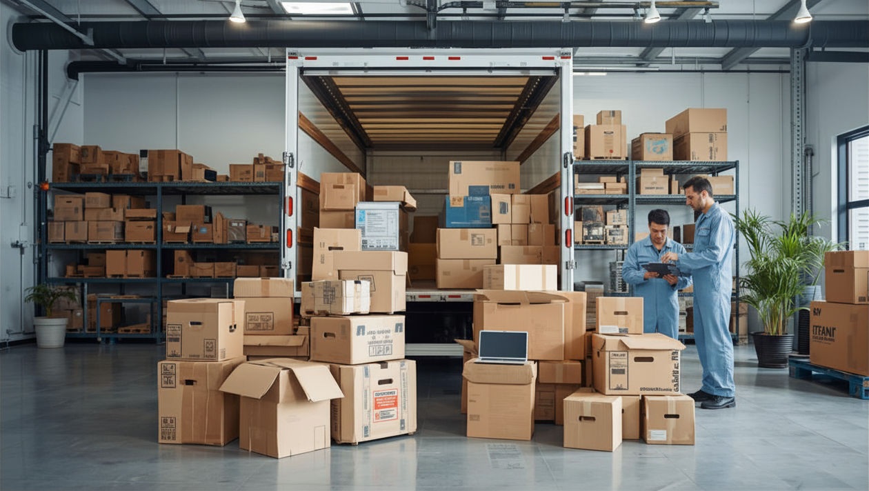 Professional moving and storage company scene with moving truck, cardboard boxes, and workers in uniform, clean and organized warehouse or residential setting, trustworthy and reliable atmosphere
