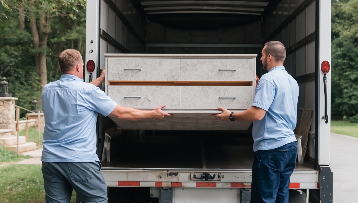 Two men in light blue shirts carrying a piece of furniture into a white box truck from the back, each man holding one end of the furniture piece, moving company scene