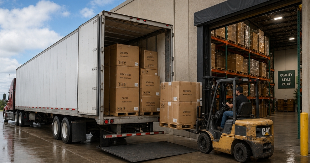 Professional moving and storage company scene with moving truck, cardboard boxes, and workers in uniform, clean and organized warehouse or residential setting, trustworthy and reliable atmosphere